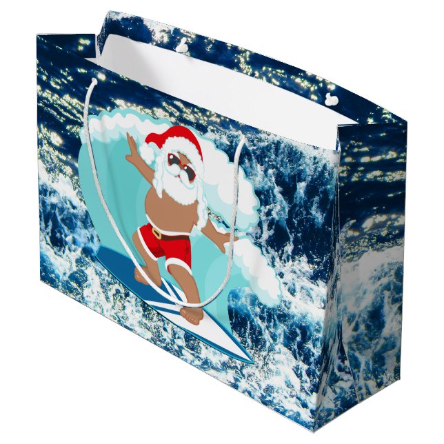 festive Christmas surfing Santa Holiday Large Gift Bag (Back Angled)