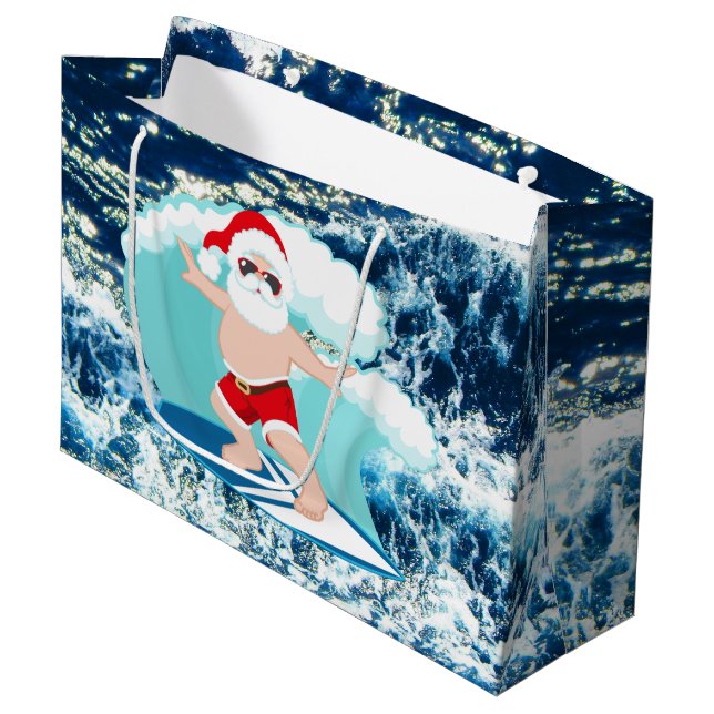 festive Christmas surfing Santa Holiday Large Gift Large Gift Bag (Front Angled)