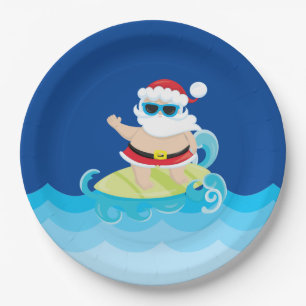Festive Christmas surfing Santa Holiday Paper Plate