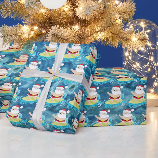 Festive Christmas surfing Santa Holiday Wrapping Paper (Holidays)