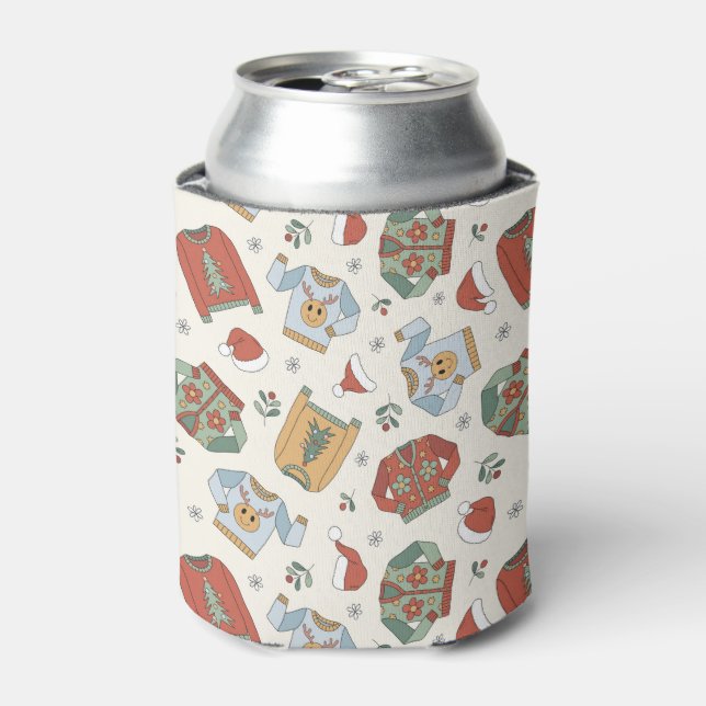Festive Christmas Sweaters and Hats Pattern Can Cooler (Can Front)