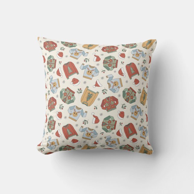 Festive Christmas Sweaters and Hats Pattern Cushion (Front)