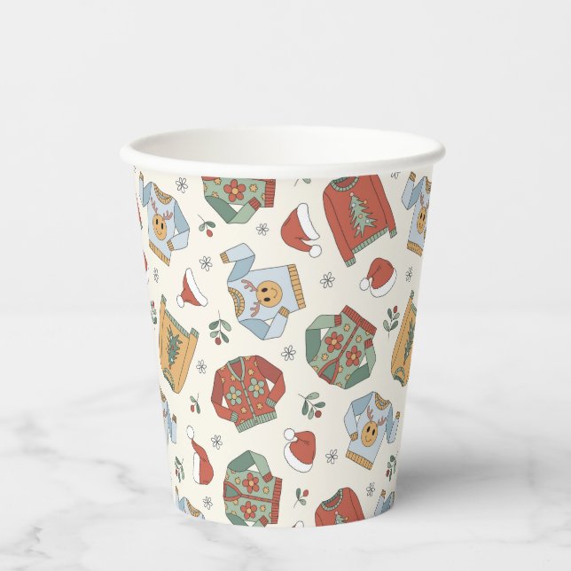 Festive Christmas Sweaters and Hats Pattern Paper Cups (Front)