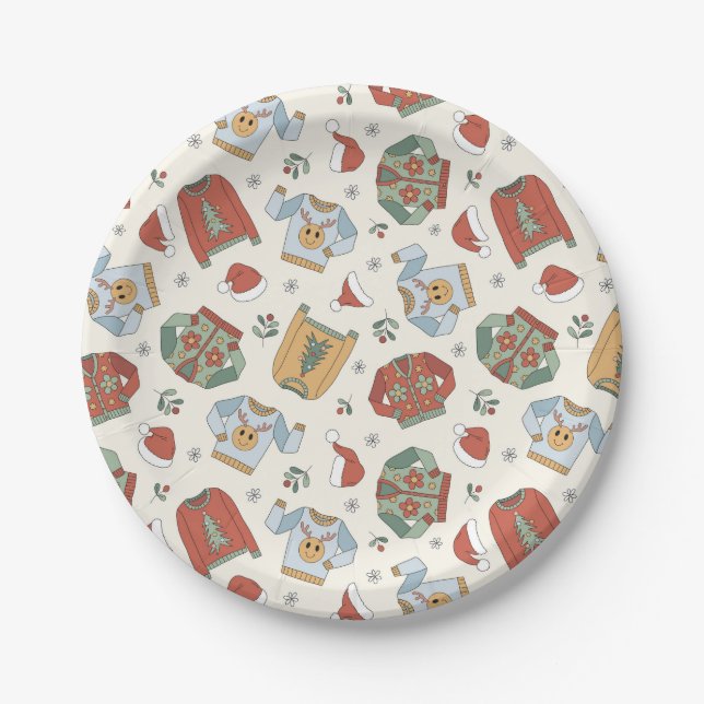 Festive Christmas Sweaters and Hats Pattern Paper Plate (Front)