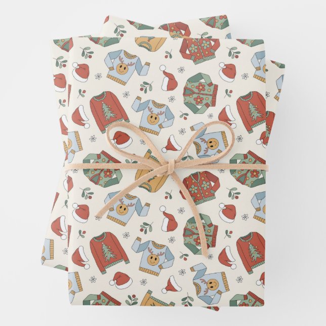 Festive Christmas Sweaters and Hats Pattern Wrapping Paper Sheet (In situ)