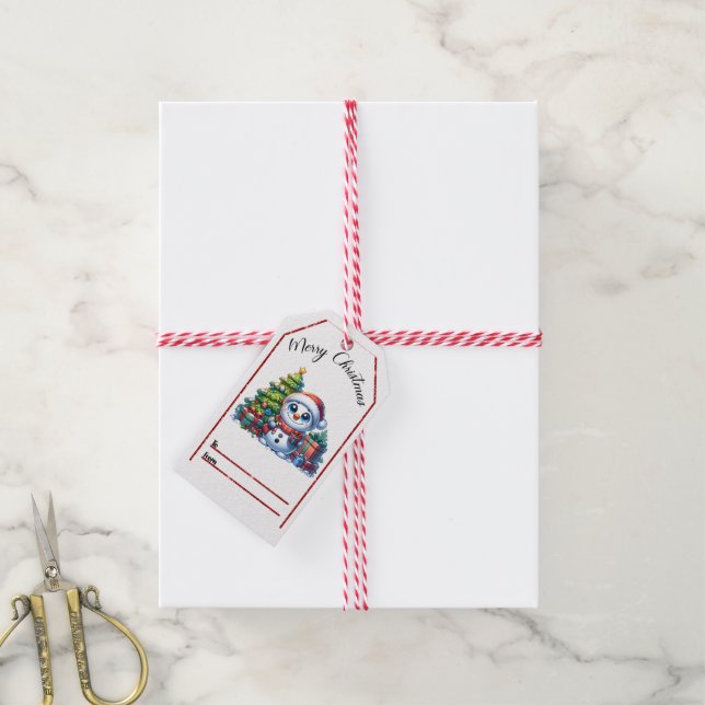 Festive Christmas tag featuring a cheerful snowman (With Twine)