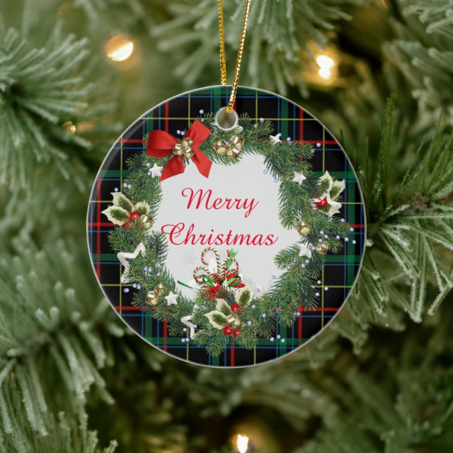 Festive Christmas Tartan with Wreath and Greeting Ceramic Tree Decoration (Tree)