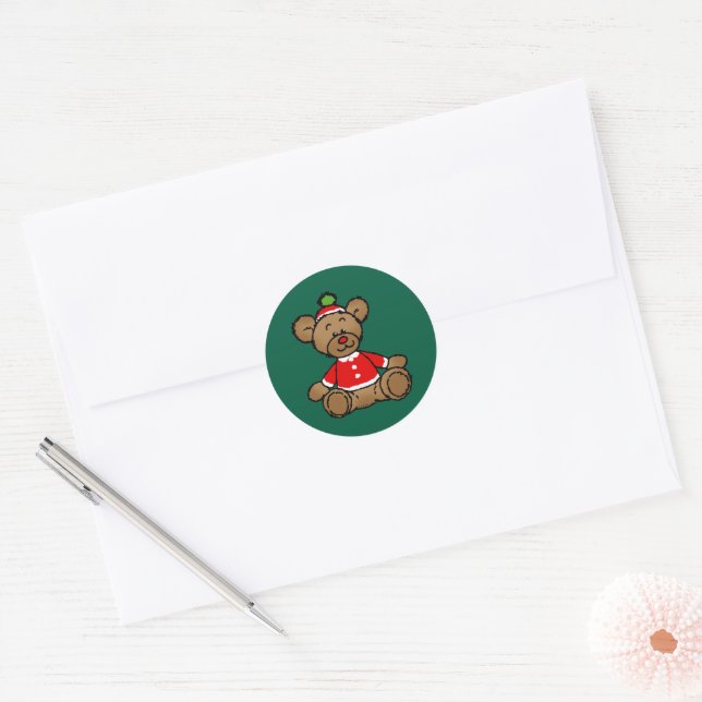 Festive Christmas Teddy Bear Design Classic Round Sticker (Envelope)