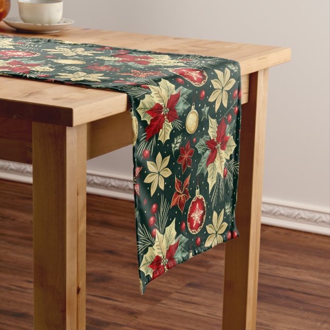 Festive Christmas Theme Poinsettia Pattern Short Table Runner (In Situ)