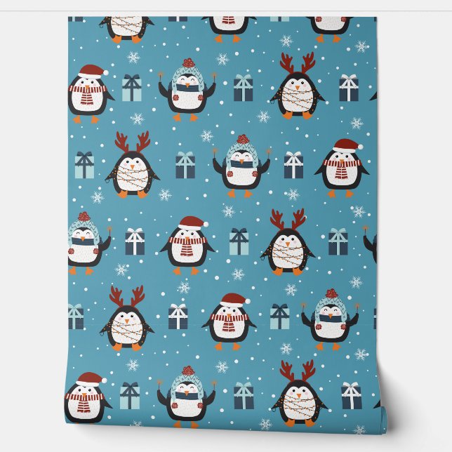 Festive Christmas tiled pattern penguin Wallpaper (Unrolling)