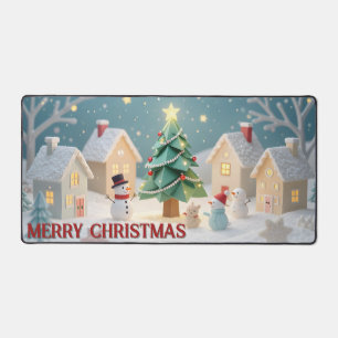 Festive Christmas Tree and Snowmen Scene Desk Mat