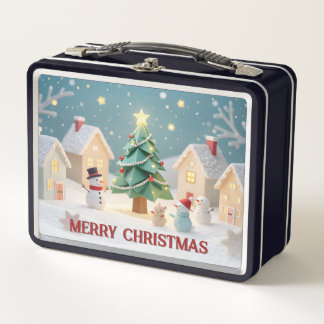 Festive Christmas Tree and Snowmen Scene Metal Lunch Box