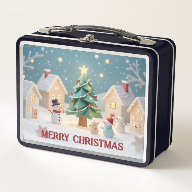 Festive Christmas Tree and Snowmen Scene Metal Lunch Box (Front)