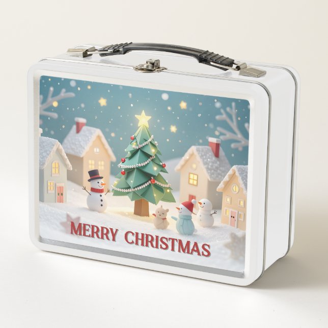 Festive Christmas Tree and Snowmen Scene Metal Lunch Box (Front)