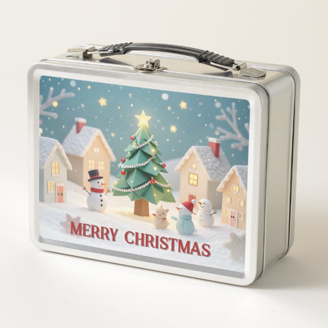 Festive Christmas Tree and Snowmen Scene Metal Lunch Box (Front)