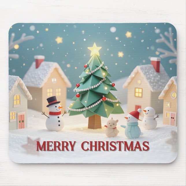 Festive Christmas Tree and Snowmen Scene Mouse Mat (Front)