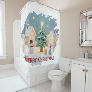 Festive Christmas Tree and Snowmen Scene Shower Curtain