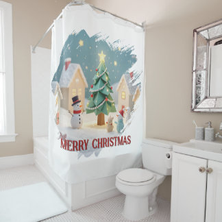 Festive Christmas Tree and Snowmen Scene Shower Curtain