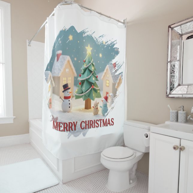 Festive Christmas Tree and Snowmen Scene Shower Curtain (In Situ)