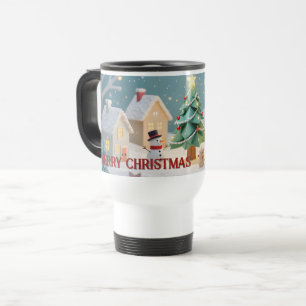 Festive Christmas Tree and Snowmen Scene Travel Mug