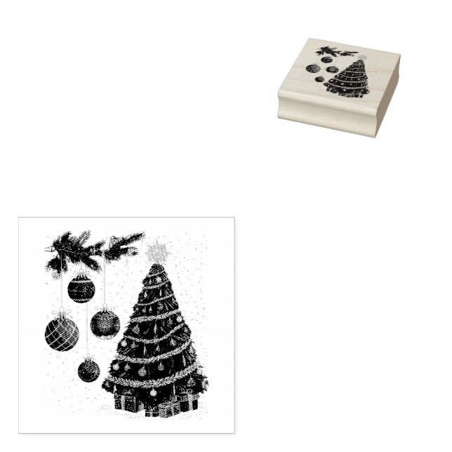 Festive Christmas Tree & Baubles Rubber Stamp (Stamped)