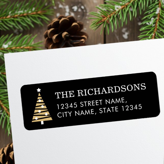 Festive Christmas Tree Black Gold Return Address (Creator Uploaded)