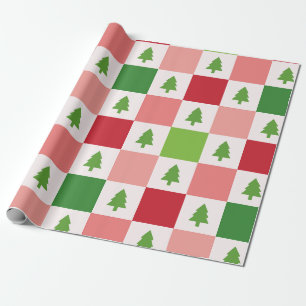 Festive Christmas Tree Chequerboard Pattern Wrapping Paper