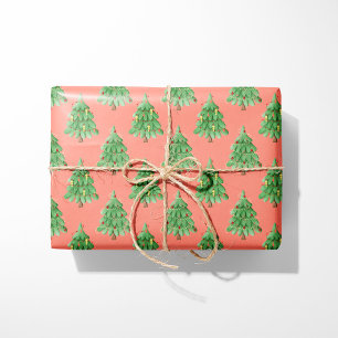 Festive Christmas Tree - Coral Background Holiday Wrapping Paper