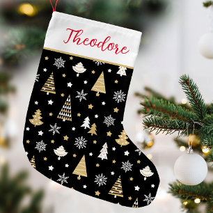 Festive Christmas Tree Custom Name Black Small Christmas Stocking