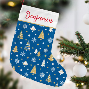 Festive Christmas Tree Custom Name Blue Small Christmas Stocking