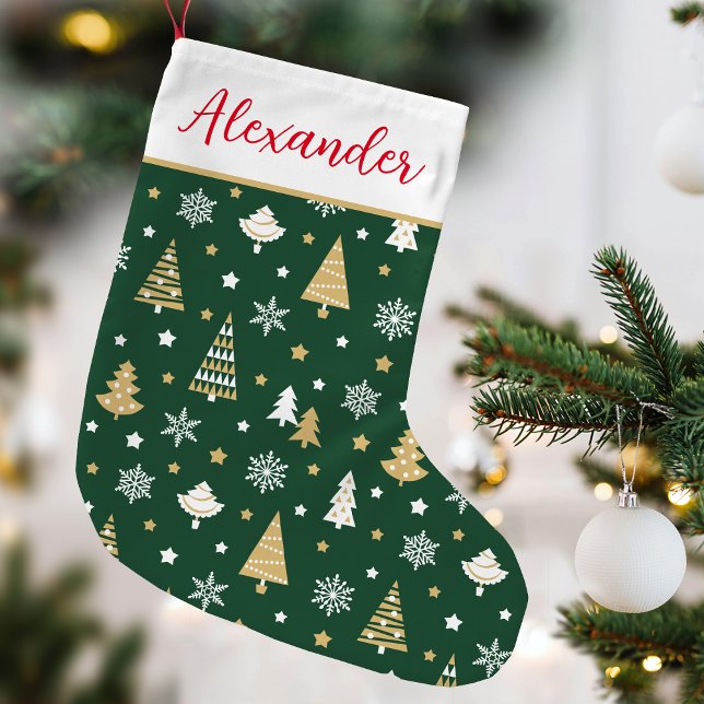 Festive Christmas Tree Custom Name Dark Green Small Christmas Stocking (Creator Uploaded)