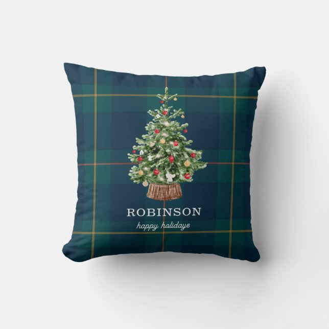 Festive Christmas Tree Family Name Holiday Cushion (Front)