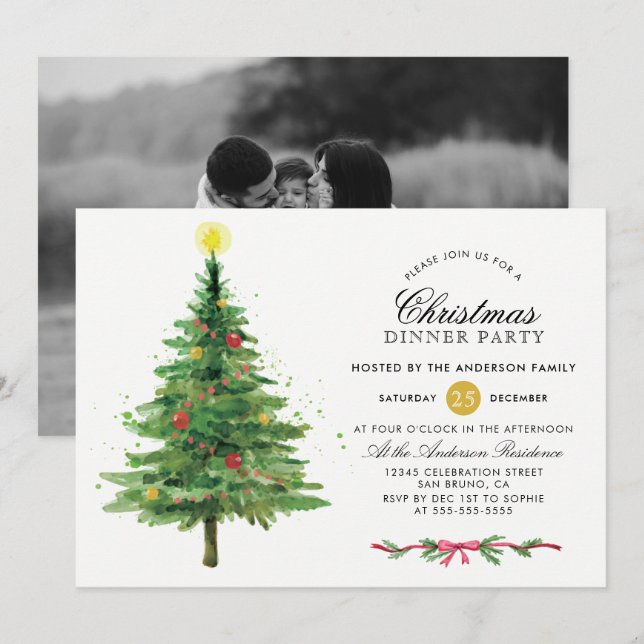 Festive Christmas Tree Holiday Dinner Party Photo Invitation (Front/Back)