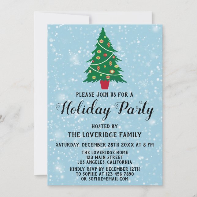 Festive Christmas Tree Holiday Party Blue Snow Invitation (Front)