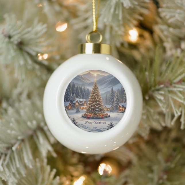 Festive Christmas tree in a mountain village Ceramic Ball Christmas Ornament (Tree)