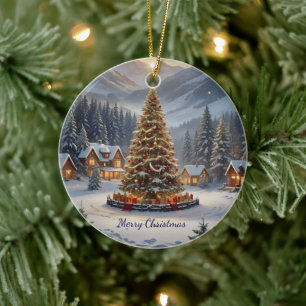 Festive Christmas tree in a mountain village Ceramic Tree Decoration