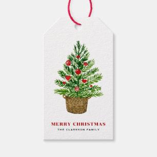 Festive Christmas Tree on Wicker Basket Christmas Gift Tags