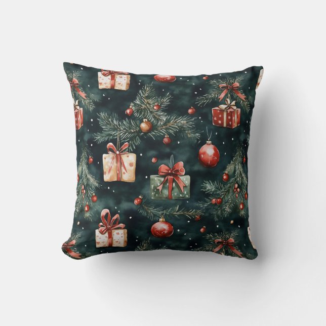 Festive Christmas Tree Ornaments and Gifts Pattern Cushion (Front)