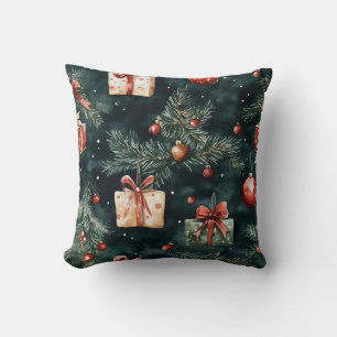 Festive Christmas Tree Ornaments and Gifts Pattern Cushion