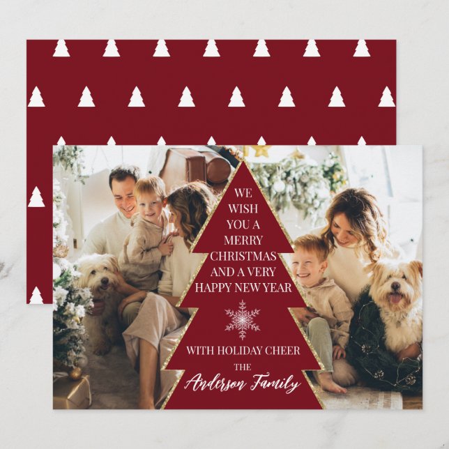 Festive Christmas Tree Photo Family Holiday Card (Front/Back)