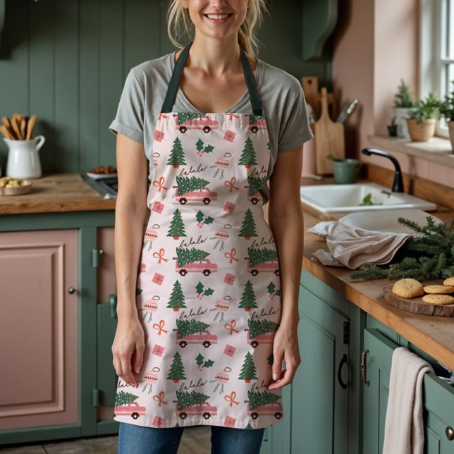 Festive Christmas Tree Pink Vintage Retro Van Apron (Festive Christmas Tree Pink Vintage Retro Van Apron)