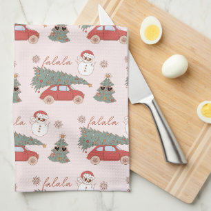 Festive Christmas Tree Pink Vintage Retro Van Tea Towel