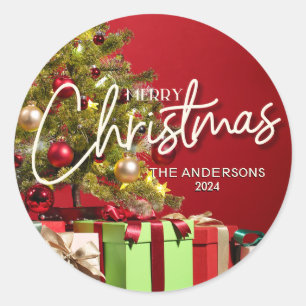 Festive Christmas Tree Presents Calligraphy Classic Round Sticker