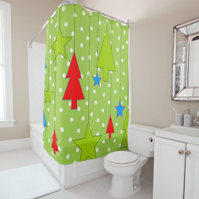 Festive Christmas Tree Print Shower Curtain (In Situ)