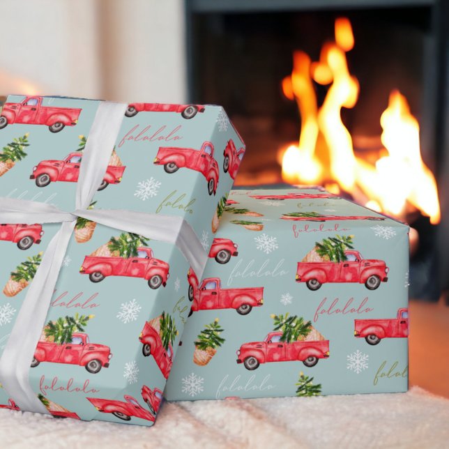 Festive Christmas tree red watercolor truck blue Wrapping Paper (Festive Christmas tree red watercolor truck Wrapping Paper on teal)
