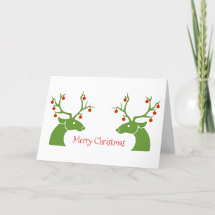 Festive Christmas Tree Reindeer Ornament Red Green Holiday Card