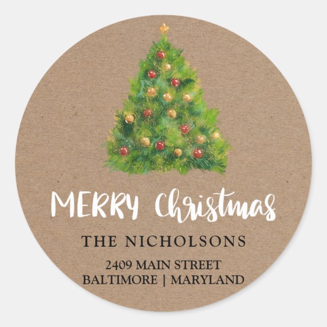 Festive Christmas Tree Rustic Kraft Paper Classic Round Sticker (Front)