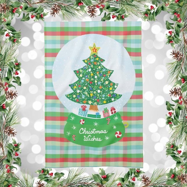Festive Christmas Tree Snow Globe Design Tea Towel (Christmas Wishes Tree and Presents Snow Globe Kitchen Towel)
