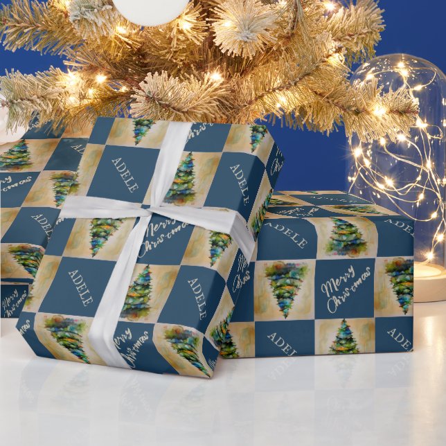 Festive Christmas Tree Watercolor Blue Holiday Wrapping Paper (Holidays)