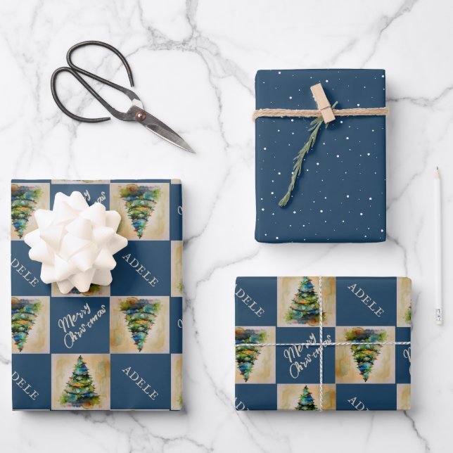 Festive Christmas Tree Watercolor Blue Holiday Wrapping Paper Sheet (Front)